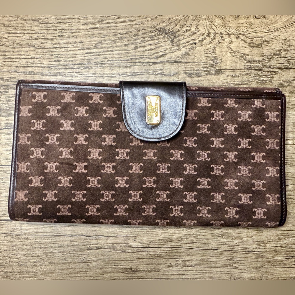 Vintage Celine Dark Brown Monogram Clutch with Gold Detail